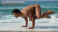 Bakasana. Crow Pose. Yogi. Greek athlete, sweaty muscle yoga on wet marble 30s