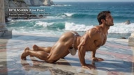 Bitilasana. Cow Pose. Yogi. Greek athlete, sweaty muscle yoga on wet marble 1m20s