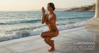 Garudasana. Eagle-Pose. Yogini. Greek goddess, classical artistic yoga on wet marble 40s