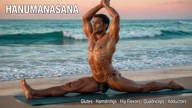 Hanumanasana. Monkey PoseSplits. Yogi. Greek athlete, sweaty muscle yoga on wet marble 30s