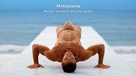 Matsyasana. Fish-Pose. Yogi. Greek athlete, sweaty muscle yoga on wet marble 55s