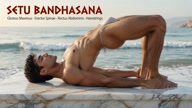 Setu Bandhasana. Bridge-Pose. Yogi. Greek athlete, sweaty muscle yoga on wet marble 30s