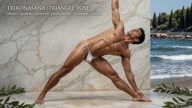 Trikonasana. Triangle-Pose. Yogi. Greek athlete, sweaty muscle yoga on wet marble 30s