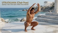 Utkatasana. Chair-Pose. Yogi. Greek athlete, sweaty muscle yoga on wet marble 30s