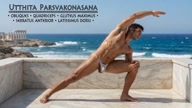 Utthita Parsvakonasana. Extended Side Angle Pose. Yogi. Greek athlete, sweaty muscle yoga on wet marble 1m19s