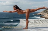 Virabhadrasana III. Warrior III Pose. Yogini. Greek goddess, classical artistic yoga on wet marble 30s