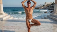 Vrikshasana. Tree-Pose. Yogi. Greek athlete, sweaty muscle yoga on wet marble 30s